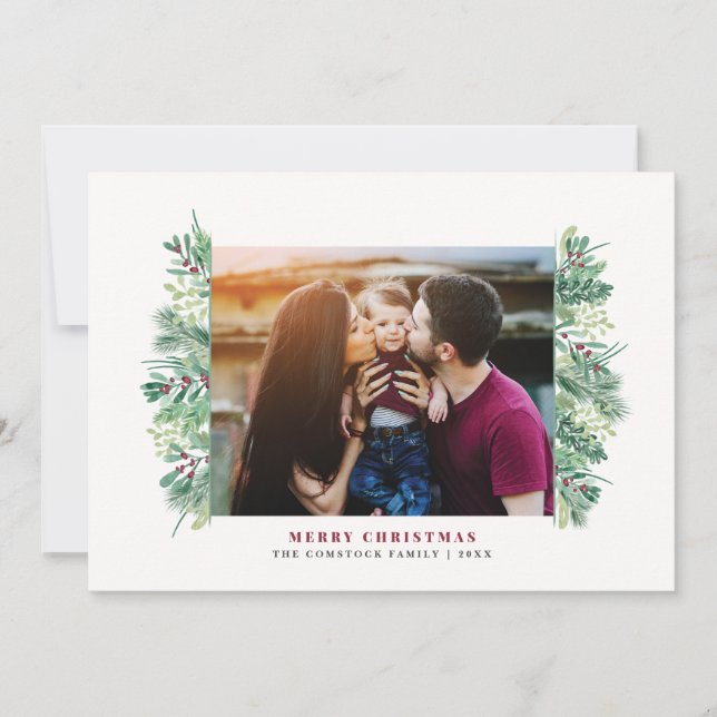 Cartes Pour Fêtes Annuelles Aquarelle Foliole d'hiver Lettre famille Noël (Devant)