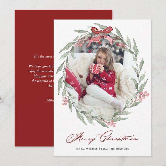 Cartes Pour Fêtes Annuelles Aquarelle Folithe de Noël Wreath Photo (Devant / Derrière)
