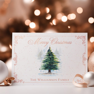 Cartes Pour Fêtes Annuelles Aquarelle Forêt Arbres avec cadre rose élégant