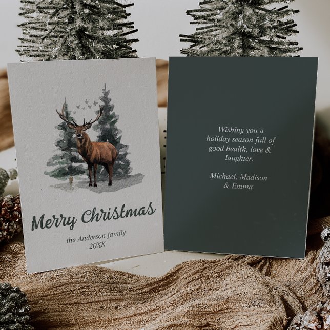Cartes Pour Fêtes Annuelles Aquarelle Forêt Arbres rennes Joyeux Noël (Créateur téléchargé)
