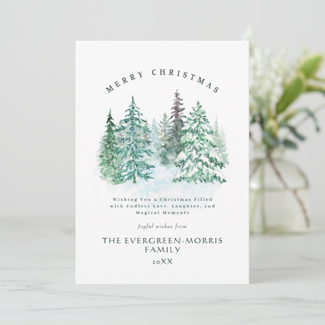 Cartes Pour Fêtes Annuelles Aquarelle forêt de conifères Joyeux Noël  (Debout devant)