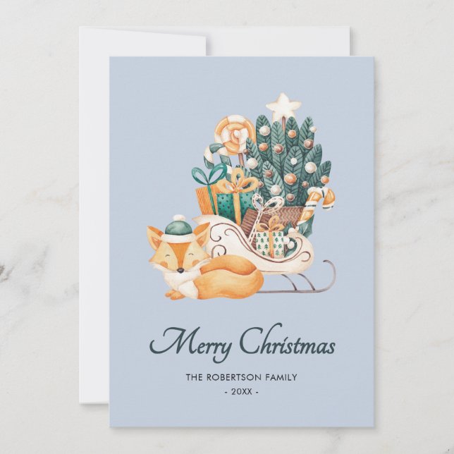 Cartes Pour Fêtes Annuelles Aquarelle Fox noires de Noël bleu non photo (Devant)
