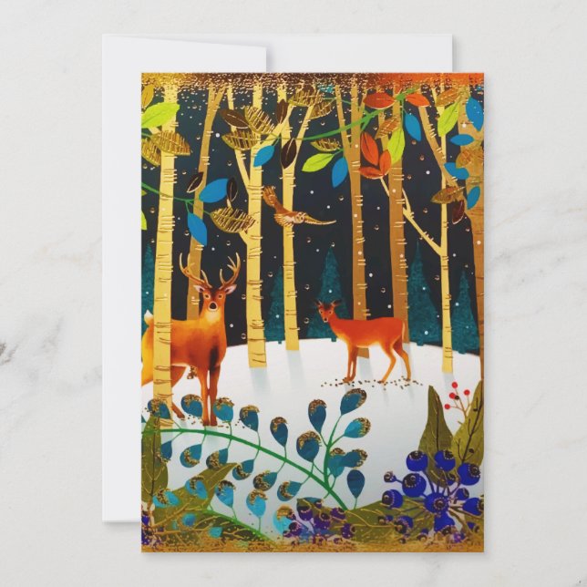 Cartes Pour Fêtes Annuelles Aquarelle Gold Cosy Winter Deer Forest (Devant)