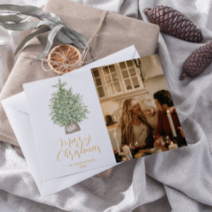 Cartes Pour Fêtes Annuelles Aquarelle Gold Tree photo Joyeux Noël