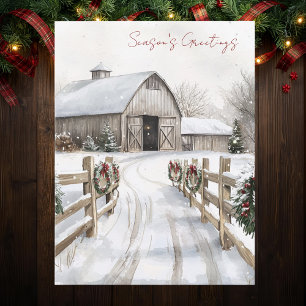 Cartes Pour Fêtes Annuelles Aquarelle Grange Rustique d'Hiver Vœux de la Saiso