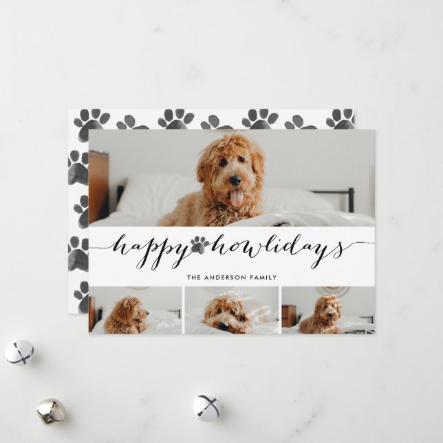 Cartes Pour Fêtes Annuelles Aquarelle Happy Howlidays 4 Photo Pet Collage (Devant/Arrière en situation)