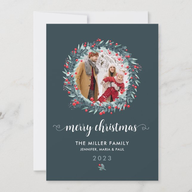 Cartes Pour Fêtes Annuelles Aquarelle Hiver Berry Végétal Wreath Photo (Devant)