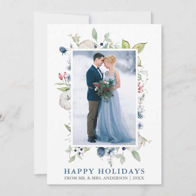 Cartes Pour Fêtes Annuelles Aquarelle Hiver Bleu Floral Nouveau (Devant)