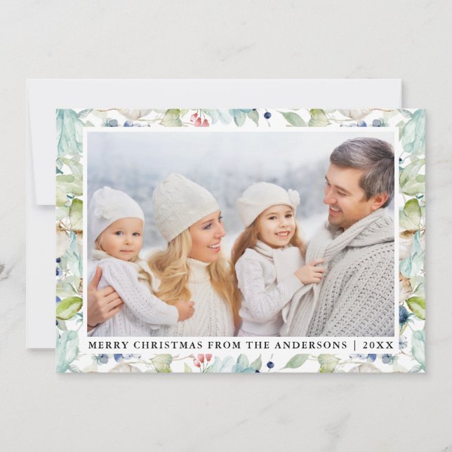 Cartes Pour Fêtes Annuelles Aquarelle Hiver Bleu Floral Photo Noël (Devant)
