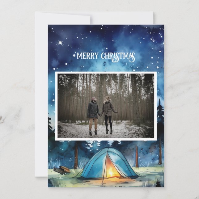 Cartes Pour Fêtes Annuelles Aquarelle Hiver Camping Couple Photo de Noël (Devant)