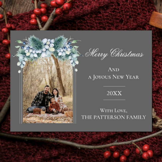 Cartes Pour Fêtes Annuelles Aquarelle Hiver Floral Boho Arch Photo | Gray (Gray Watercolor Winter Floral Arch Photo Christmas Card)