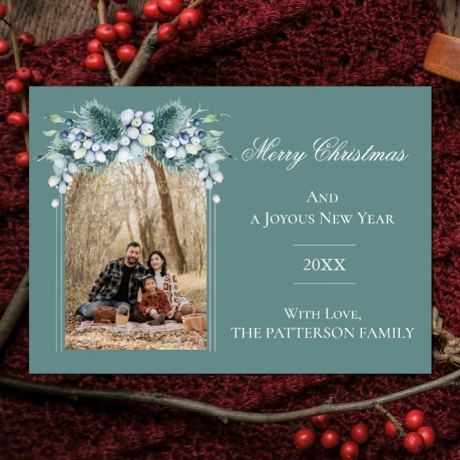 Cartes Pour Fêtes Annuelles Aquarelle Hiver Floral Boho Arch Photo | Sarcelle (Teal Watercolor Winter Floral Arch Photo Christmas Card)