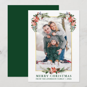 Cartes Pour Fêtes Annuelles Aquarelle Hiver Floral Gold Frame Photo Vert
