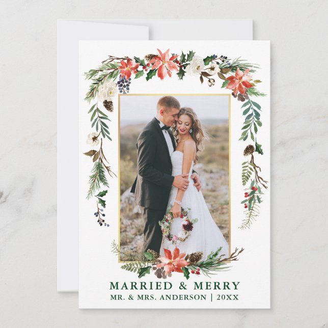 Cartes Pour Fêtes Annuelles Aquarelle Hiver Floral Marié et Joyeux Vert (Devant)