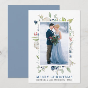 Cartes Pour Fêtes Annuelles Aquarelle Hiver Floral nouvellement marié Dusty Bl
