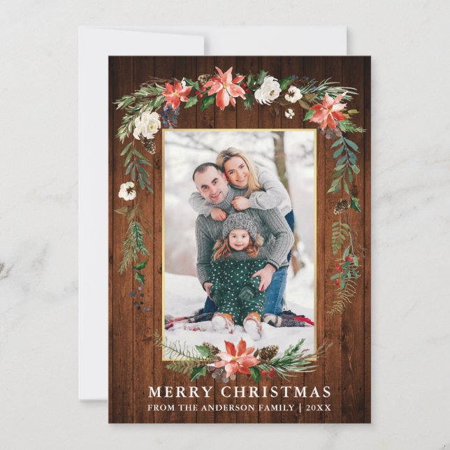 Cartes Pour Fêtes Annuelles Aquarelle Hiver Floral Photo Bois Or (Devant)
