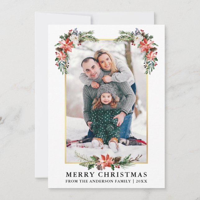 Cartes Pour Fêtes Annuelles Aquarelle Hiver Floral Photo Gold Frame (Devant)