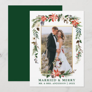 Cartes Pour Fêtes Annuelles Aquarelle Hiver Floral Vert Marié et Joyeux