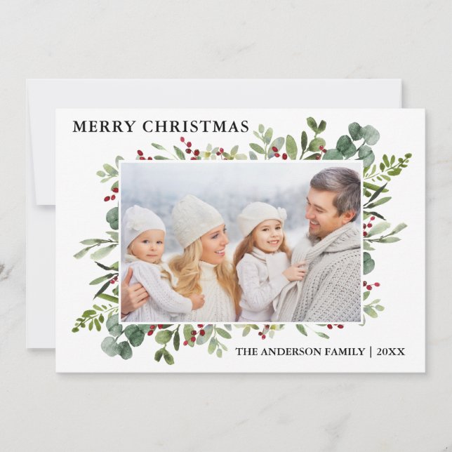Cartes Pour Fêtes Annuelles Aquarelle Hiver Végétation Berries Photo de Noël (Devant)