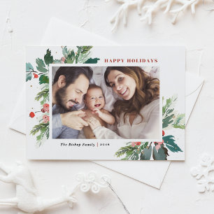 Cartes Pour Fêtes Annuelles Aquarelle Hollies Faux Gold Foil Photo botanique