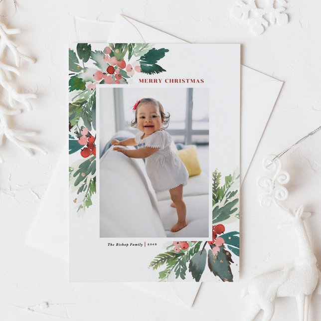 Cartes Pour Fêtes Annuelles Aquarelle Hollies Faux Gold Foil Photo de Noël (Watercolor Holly and Winter Greenery Photo Merry Christmas Postcard)