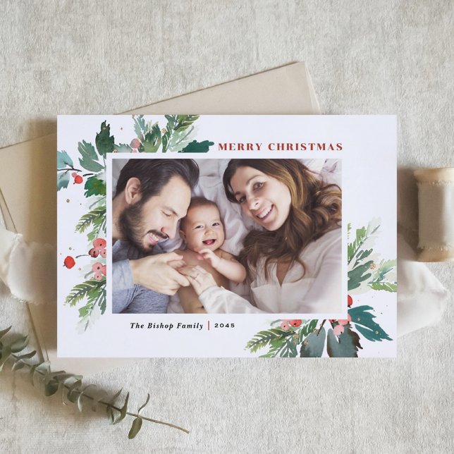 Cartes Pour Fêtes Annuelles Aquarelle Hollies Faux Gold Foil Photo de Noël (Créateur téléchargé)