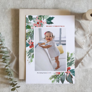 Cartes Pour Fêtes Annuelles Aquarelle Hollies Faux Gold Joyeux Noël Photo