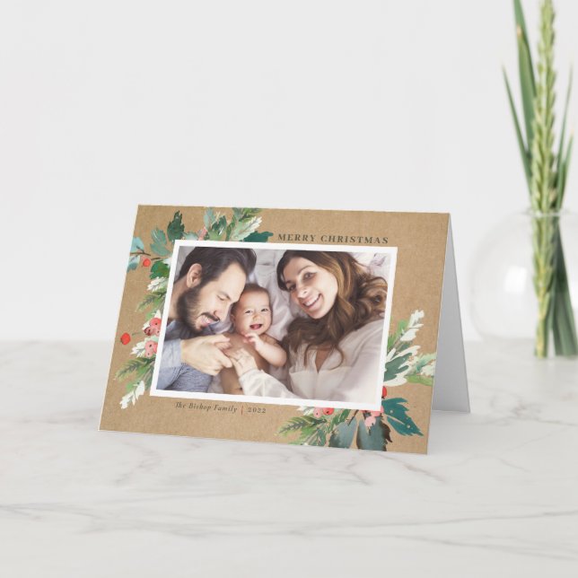 Cartes Pour Fêtes Annuelles Aquarelle Hollies Kraft Papier photo de Noël (Devant)