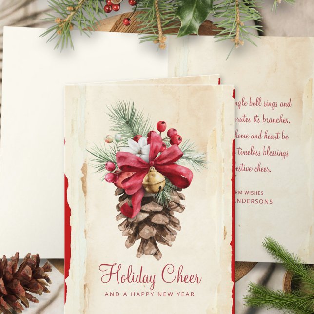 Cartes Pour Fêtes Annuelles Aquarelle Holly Berries Pine Cône Rouge Jingle (Créateur téléchargé)