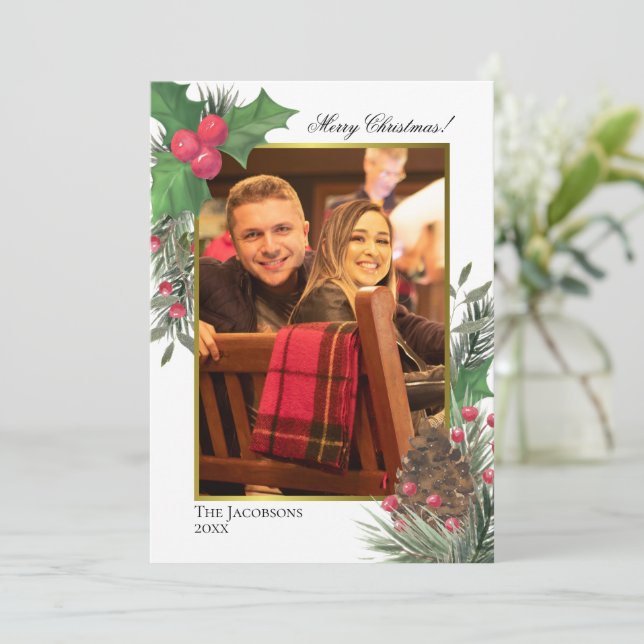 Cartes Pour Fêtes Annuelles Aquarelle Holly Berries Pine & Green Photo (Debout devant)