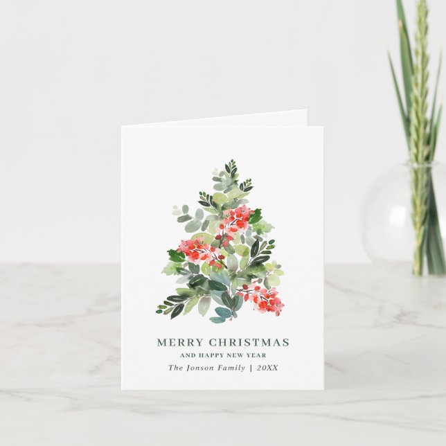 Cartes Pour Fêtes Annuelles Aquarelle Holly Berry Arbre de Noël Salutation Hol (Devant)