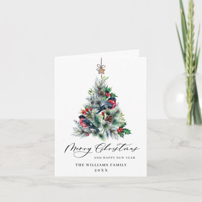 Cartes Pour Fêtes Annuelles Aquarelle Holly Berry Arbre de Noël Salutation Hol (Devant)