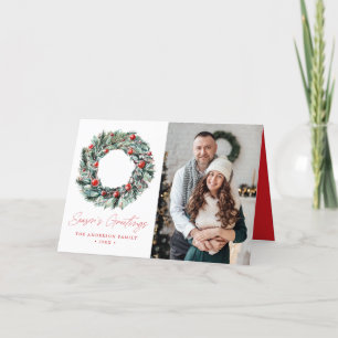 Cartes Pour Fêtes Annuelles Aquarelle Holly Berry & Green Wreath 2 Photo