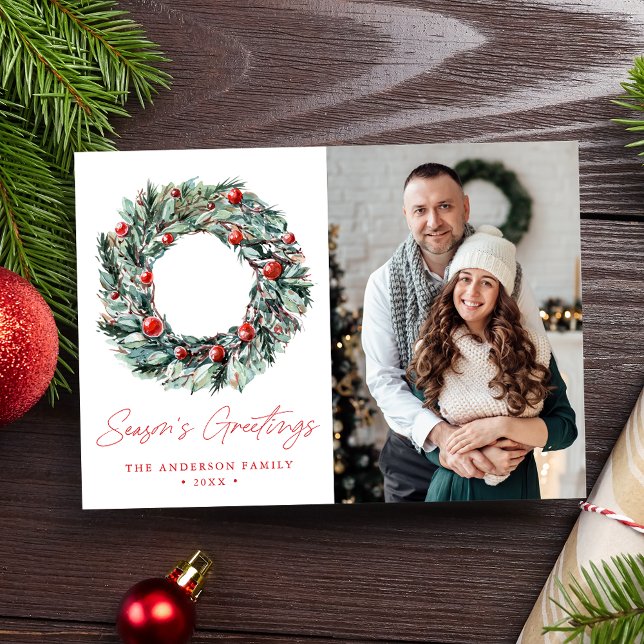 Cartes Pour Fêtes Annuelles Aquarelle Holly Berry & Greenery Photo (Créateur téléchargé)