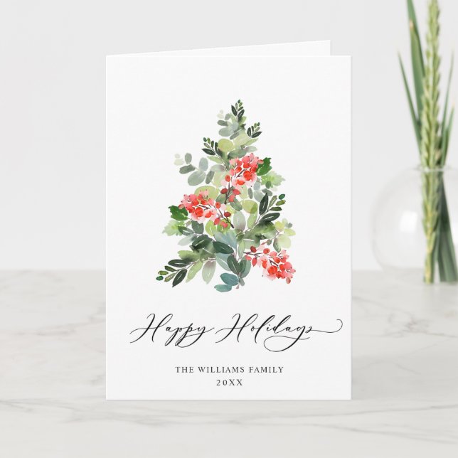 Cartes Pour Fêtes Annuelles Aquarelle Holly Berry Noël Arbre Salutation (Devant)