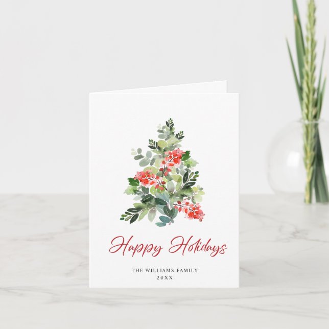 Cartes Pour Fêtes Annuelles Aquarelle Holly Berry Noël Arbre Salutation (Devant)