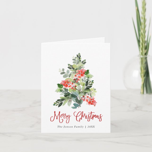 Cartes Pour Fêtes Annuelles Aquarelle Holly Berry Noël Arbre Salutation (Devant)