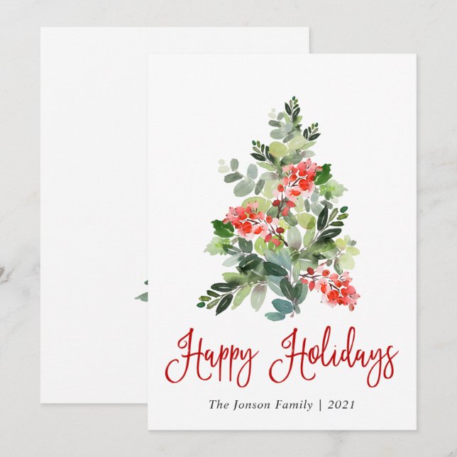 Cartes Pour Fêtes Annuelles Aquarelle Holly Berry Noël Arbre Salutation (Devant / Derrière)