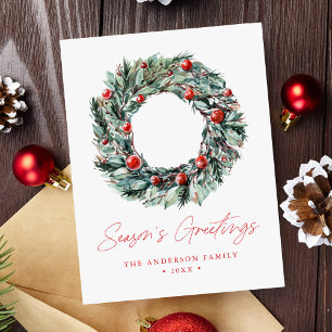 Cartes Pour Fêtes Annuelles Aquarelle Holly Berry & Verdure Wreath Non Photo