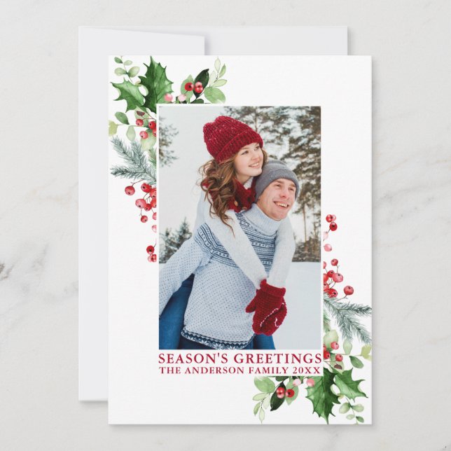 Cartes Pour Fêtes Annuelles Aquarelle Holly Bonnes Fêtes de verdure rouge (Devant)