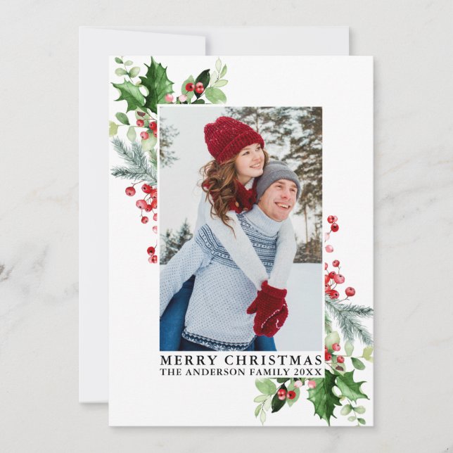 Cartes Pour Fêtes Annuelles Aquarelle Holly Christmas Green Photo (Devant)