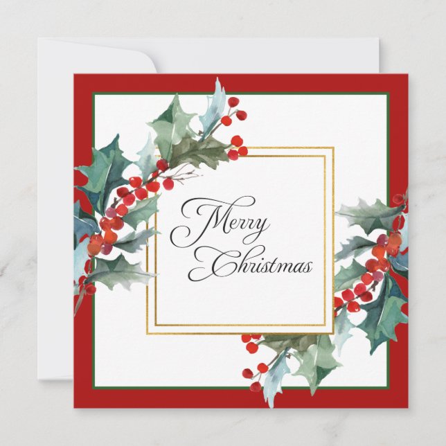 Cartes Pour Fêtes Annuelles Aquarelle Holly et Berries Noël botanique (Devant)