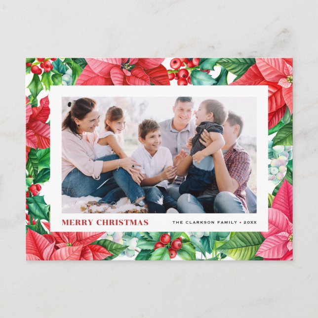 Cartes Pour Fêtes Annuelles Aquarelle Holly et Poinsettia Photo Noël (Devant)