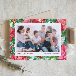 Cartes Pour Fêtes Annuelles Aquarelle Holly et Poinsettia Photo Noël