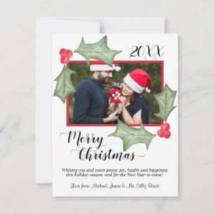 Cartes Pour Fêtes Annuelles Aquarelle Holly Feuilles avec photo Joyeux Noël