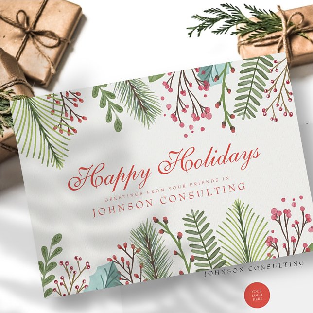 Cartes Pour Fêtes Annuelles Aquarelle Holly Foliage | Salutations (Créateur téléchargé)