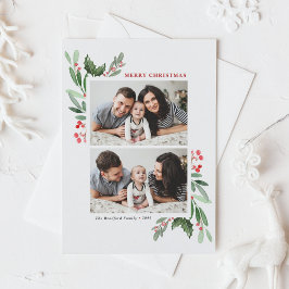 Cartes Pour Fêtes Annuelles Aquarelle Holly Green Deux photos Noël