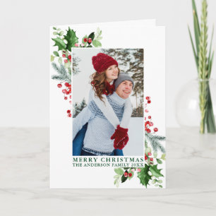 Cartes Pour Fêtes Annuelles Aquarelle Holly Greenery Photo Green Fold