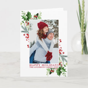 Cartes Pour Fêtes Annuelles Aquarelle Holly Greenery Photo Rouge Plié