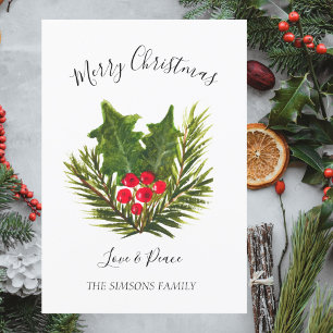Cartes Pour Fêtes Annuelles Aquarelle Holly Joyeux et Arbre de Noël brillant